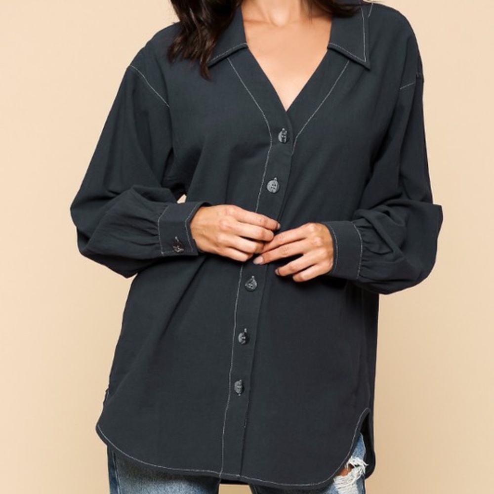 Utility Grey Collared V-Neck Button Up Shirt Long